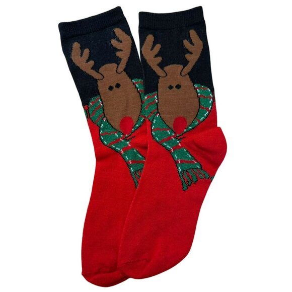 Holiday Reindeer Knit Socks Festive Glittery Scarf Design Christmas Red Black - Picture 3 of 8